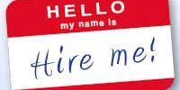 name-badge Graphic of a name bade saying "Hire me"